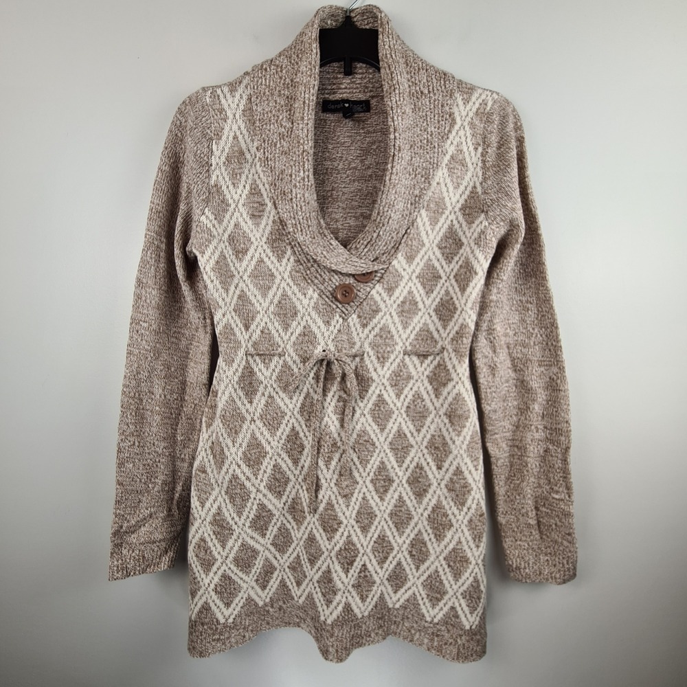Derek Heart Maternity Brown Argyle Shawl Neck Knit Tunic‎ Sweater M Tie Waist